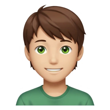 Discord emoji. the face of an Anime asian style teen boy with brown hair, green eyes, looking smiling slightly sideways positioned. Face must be main filling of the frame.  128px sticker