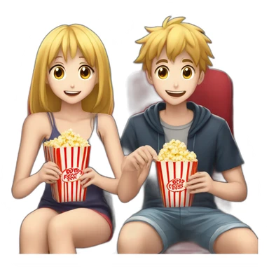 two anime girls 1 anime boy, watching movie at the cinema eating popcorn, dark background sticker