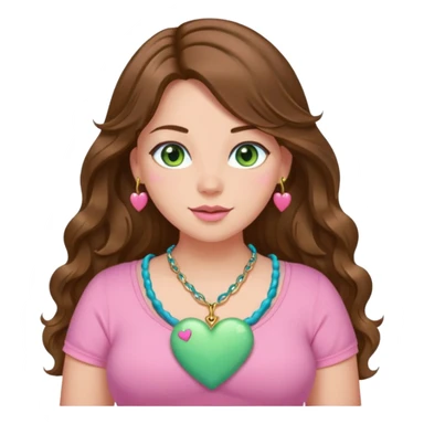 Girl girl long wavy brown hair, green/blue/gold eyes, plus size, pink girly top, pink heart necklace sticker