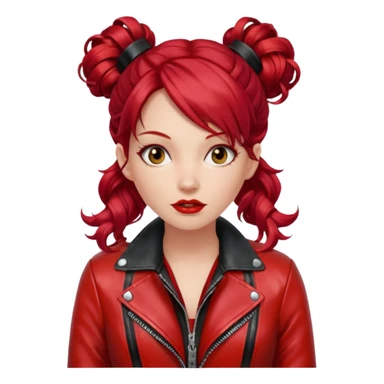 A woman with strikingly long, wavy, vibrant red hair, which is styled with two small buns on top of her head. She is wearing a shiny red leather jacket over a red top with a black patterned trim. She's gagged sticker