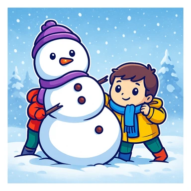Add a snowy background behind the kids building a snowman, keep the original sticker style sticker