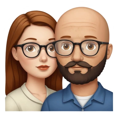 Couple. Bald man with dark brown-black beard. White woman with many small, faded freckles, she has white skin and she has auburn-brown-cinnamon, dark long hair. She has light brown eyes. The man have hazel eyes and glasses. She have light eyes. Retro style. She kisses him. sticker