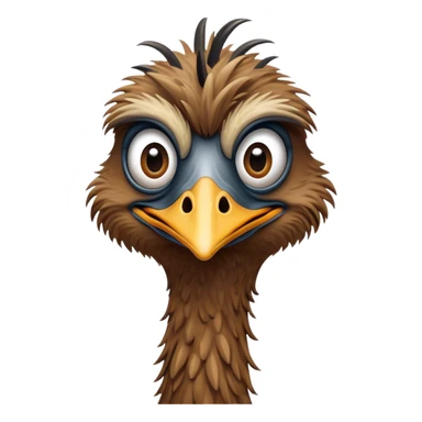 Cinematic Comical Emu Portrait Emoji, Head tilted dramatically with an exaggeratedly amused expression, featuring a striking, textured brown plumage with a comically small head and wide, expressive eyes full of playful disbelief, Simplified yet hilariously expressive features, highly detailed, glowing with a slightly sassy glow, high shine, dramatic yet playful, stylized with an air of cheeky outback mischief, bright and endearing, soft glowing outline, capturing the essence of a spirited and over‐the‐top emu, so meme‐worthy it feels like it could squawk its way into internet fame instantly! sticker