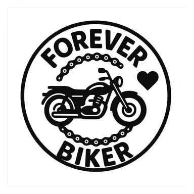 circular transparent background design for motorcycle cap, text 'FOREVER BIKER', motif: chain, motorcycle, heart, friendly style sticker