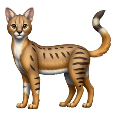 Realistic patterned marked edgy greyish blackish whitish silvery coppery Shiny Colorful Glossy Genet-Caracal-Lion-Bobcat-fusion-animal-hybrid-creature, full body, tufted ears, long thin tufted tail sticker