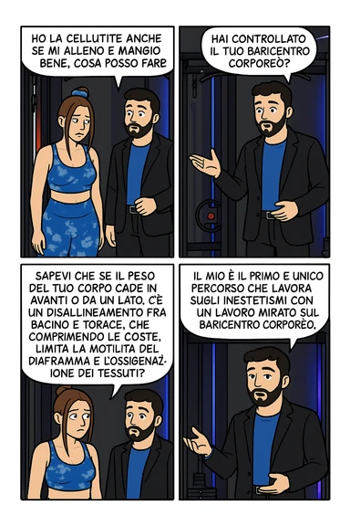 TRASFORMA QUESTO CAROSELLO IN UN FUMETTO CON QUESTE DUE PERSONE IDENTICHE CHE INTERLOQUISCONO TRA LORO:

LEI: Ho la cellulite anche se mi alleno e mangio bene, cosa posso fare?

LUI: Hai controllato il tuo baricentro corporeo?
LUI: Sapevi che se il peso del tuo corpo cade in avanti o da un lato, c’è un disallineamento fra bacino e torace, che comprimendo le coste, limita la motilità del diaframma e l’ossigenazione dei tessuti?
LUI: Il mio è il primo e unico percorso che lavora sugli inestetismi con un lavoro mirato sul baricentro corporeo. sticker
