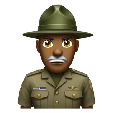 drill sergeant character wearing a classic sergeant hat and a camouflage army shirt. The character should have an angry intense expression. full torso sticker