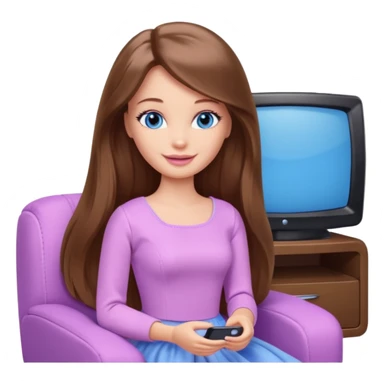 beautiful barbie girl with long brown hair, blue eyes and wearing light purple clothes watching tv sticker
