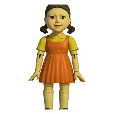 Squid Game series, iconic red light green light doll, standing, eerie smile sticker