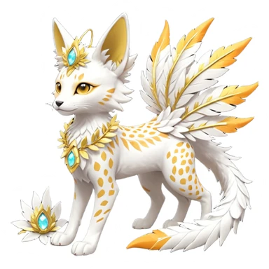 Epic complex fantasy glorious detailed futuristic divine godly angelic feathery sunny, white, albino, pastel, golden, orange glowing sparkly, realistic Fakémon-Sprigatito-Floragato-Meowscarada-Trico-Sergal-Serval-Solgaleo-Vernid-creature (full body) solarpunk, shiny sparkly with gold wreaths sticker