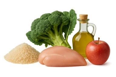 Riso basmati
Petto di pollo
Verdura fibrosa verde
Olio EVO
Mela
vista frontale, iperrealistico 4k sticker