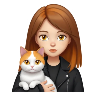Light-skinned girl with brown straight hair wearing a black jacket, holding one pure white cat with bright yellow eyes and one calico cat with orange black and white patches sticker