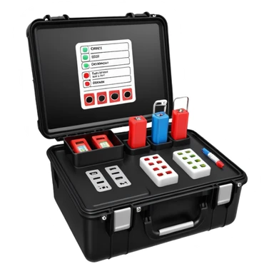 An open, black outdoor test case.Interior: control panel with colored test jacks, USB ports, and a power outlet. A red test probe is located next to it. On the left side of the case is a large roll of white, round test labels displaying QR codes.  sticker