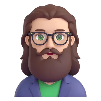 white male mid 30s green eyes black square glasses long brown beard with medium brown hair sticker