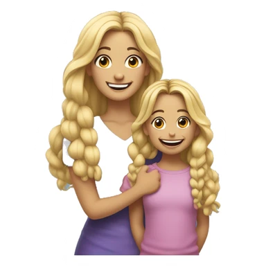 An emoji of a blonde mother with very long hair and a cheerful expression, standing next to her 3-year-old daughter, a small girl with black hair styled in two braids, both smiling happily together sticker