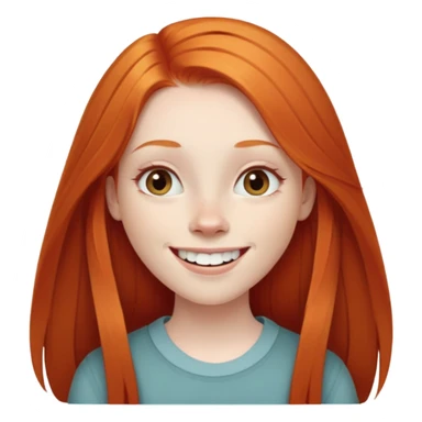 traditional emoji of young girl with very pale skin, long straight bright ginger red hair, elongated oval face, normal-sized human eyes positioned naturally, wide nose, friendly big smile with very large prominent teeth, less intense expression sticker