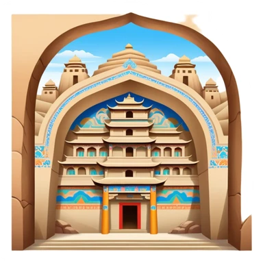 Mogao Caves Dunhuang with colorful Buddhist murals, simplified emoji style with bold outlines and bright colors, cartoon style cave entrance with paintings sticker