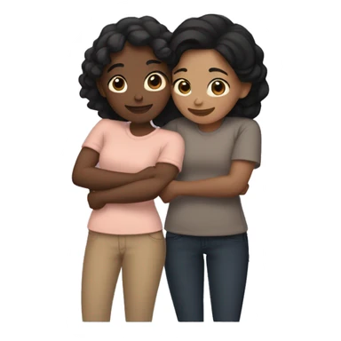 Three friends hugging each other warmly. One friend has fair skin and straight black hair, another has dark skin with black hair styled in a low bun, and the third has tan skin with wavy black hair.” sticker