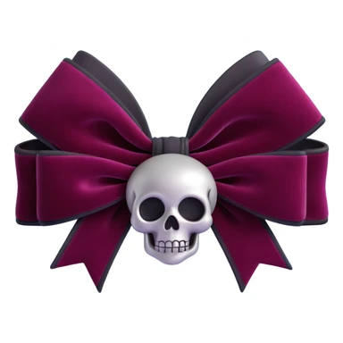 3D emoji gothic bow, deep burgundy velvet, silver skull charm, black rose center, lush and gothic sticker