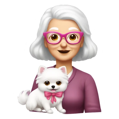 white old lady with glasses and red hair holding a cute white pomerania wearing a pink bow sticker