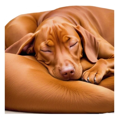 Meme-Worthy Cute Sleeping Vizsla Portrait Emoji, Head resting peacefully with a contented smile, showcasing a sleek, athletic build and a luxuriously soft rust and gold Fur, eyes shut in a serene nap, Simplified yet hilariously adorable features, highly detailed, glowing with a soft, drowsy light, high shine, relaxed and utterly lovable, stylized with an air of playful laziness, bright and heartwarming, soft glowing outline, capturing the essence of a comically sleepy companion, so meme-worthy it feels like it could instantly become the next viral sensation of adorable slumber! sticker