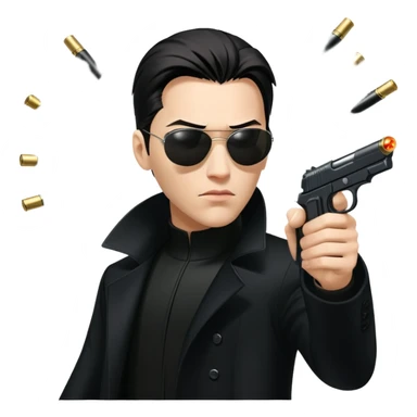 Neo from The Matrix in long black coat, sunglasses, and stopping bullets sticker