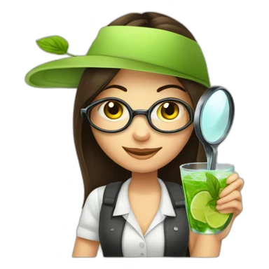 brunette girl with magnifying glass and mojito sticker
