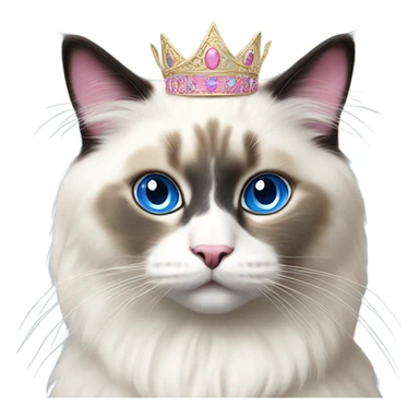 Realistic ragdoll cat with blue eyes and Dark markings wearing pink and gold tiara sticker