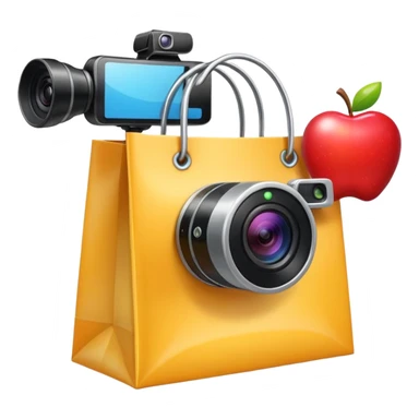 map pin with shopping bag and video camera, modern and bright, apple style emoji sticker