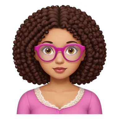 medium-light kinned afro-latina girl with medium length chocolate brown side part curly hair, brown eyes, pink sweetheart necklined top with lace, round wide-ish nose, chubby oblong shaped face, brown glasses sticker