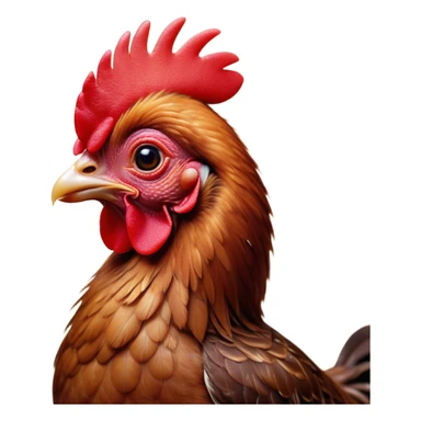 Cinematic Cute Brown Chicken Portrait Emoji, Head tilted playfully and inquisitively, featuring a lustrous brown feathered coat with a natural sheen and a subtle red comb, round, sparkling beady eyes filled with curiosity, Simplified yet irresistibly adorable features, highly detailed, glowing with a warm, friendly glow, high shine, affectionate and lively, stylized with a touch of country charm, bright and endearing, soft glowing outline, capturing the essence of a mischievous yet loving chicken, so playful it feels like it could peck out of the screen and into your arms! sticker