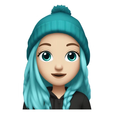 White girl, blue eyes, long teal hair, purple beanie hat, black hoodie, blue jeans, black shoes sticker
