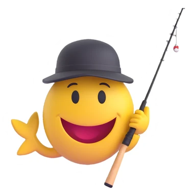 smiley face holding a fishing pole and wearing a fishing cap sticker