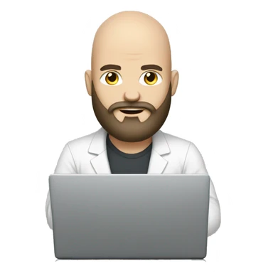 heavy set white bald guy with long dark beard behind a laptop sticker