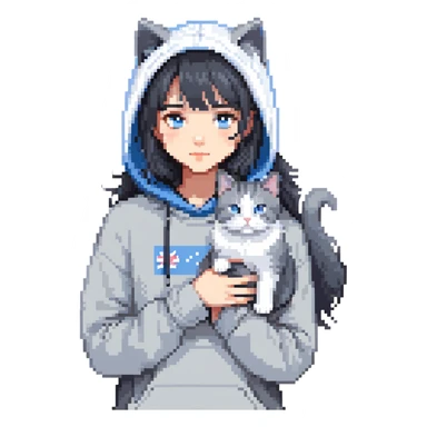 Girl with black hair in gray hoodie with a British shorthair blue and white cat and a long-haired blue and white cat sticker