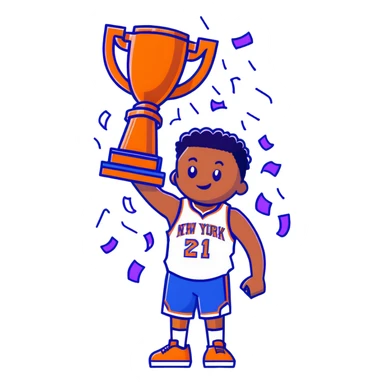 New York Knicks basketball player celebrating with NBA championship trophy, confetti, blue and orange sticker
