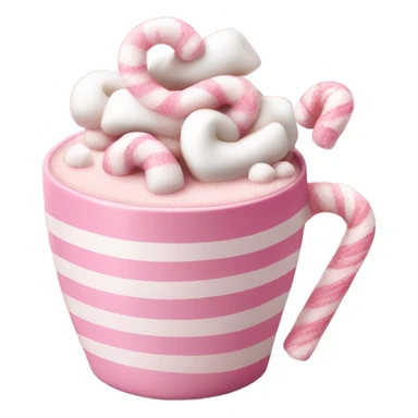 A light pink hot chocolate cup with little marshmallows in and a pink and white candy cane  sticker