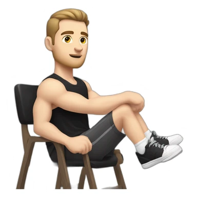 Pale skinned Fit Man With the biceps and dark brown hair in black shirt, gray sports shorts and white Sneakers Sitting on a chair sticker