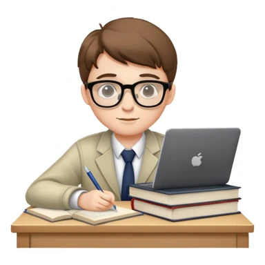 Student with glasses studying at desk with books and laptop sticker