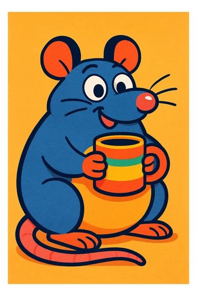 a chubby rat holding a mug, fun illustration style, colorful, playful sticker