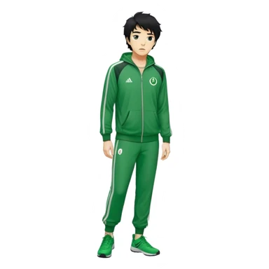 Seong Gi-hun : age 60, A tall, slim man with messy, unkempt black hair, Green player tracksuit,  sticker