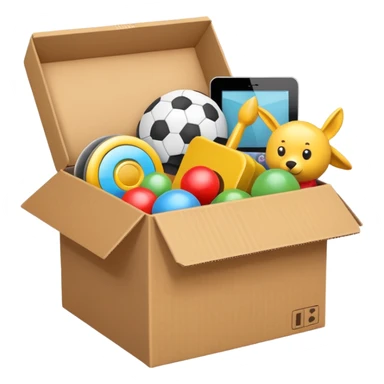 cardboard box with toys, rc, books, CD, realistic sticker