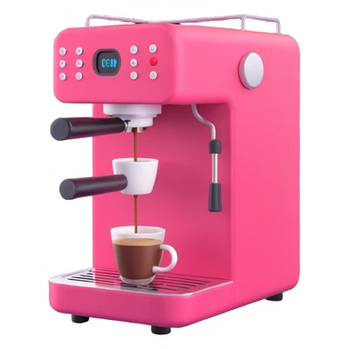 A pink coffee machine with a cup of coffee sticker