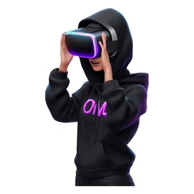 Russian girl wearing black hoody with violet letters "OMG", in vr headset oculus quest2. Standing like jedi. Cyberpunk style. Violet neon. sticker