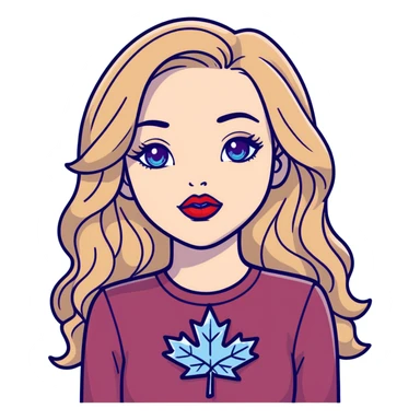 Pale skin wavy long brown hair blonde highlights very light blue crystal eyes big  lips wearing bright red lipstick female wearing a black long sleeves the phrase "canadian chick's" in red purple on front and maple leaf red earrings sticker