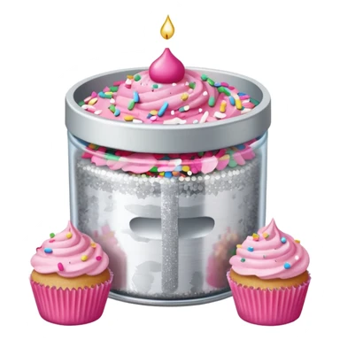 silver glitter in a small clear circular container with white lid next to a can of sprinkles and pink cupcakes  sticker