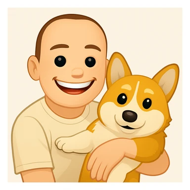 Make the man in the illustration smile, keeping the corgi dog, in the style of apple emojis. sticker