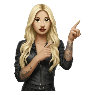 Blonde women with LONG HAIR, in Leather cloth, Body Covered with Tattoos, POINTING YOU FORWARD with her HAND with INDEX FINGER, Hyper Realistic sticker