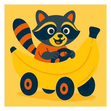 Change the car to a banana, keep the raccoon driving, in vibrant toon style. sticker