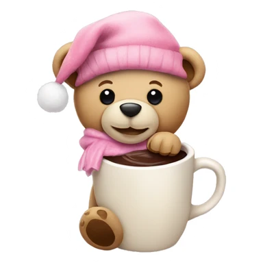 A beige coloured teddy bear with a pink Christmas hat and hot chocolate sticker